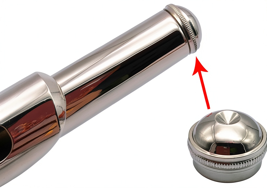Flute head crown screw cap installed on a silver flute